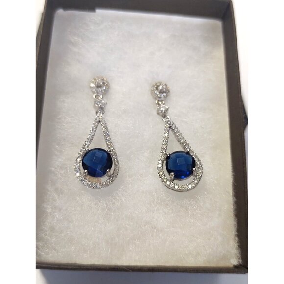 Women's Sterling Silver Blue Sapphire & Cubic Zirconia Bridal Earrings NEW - Picture 2 of 13